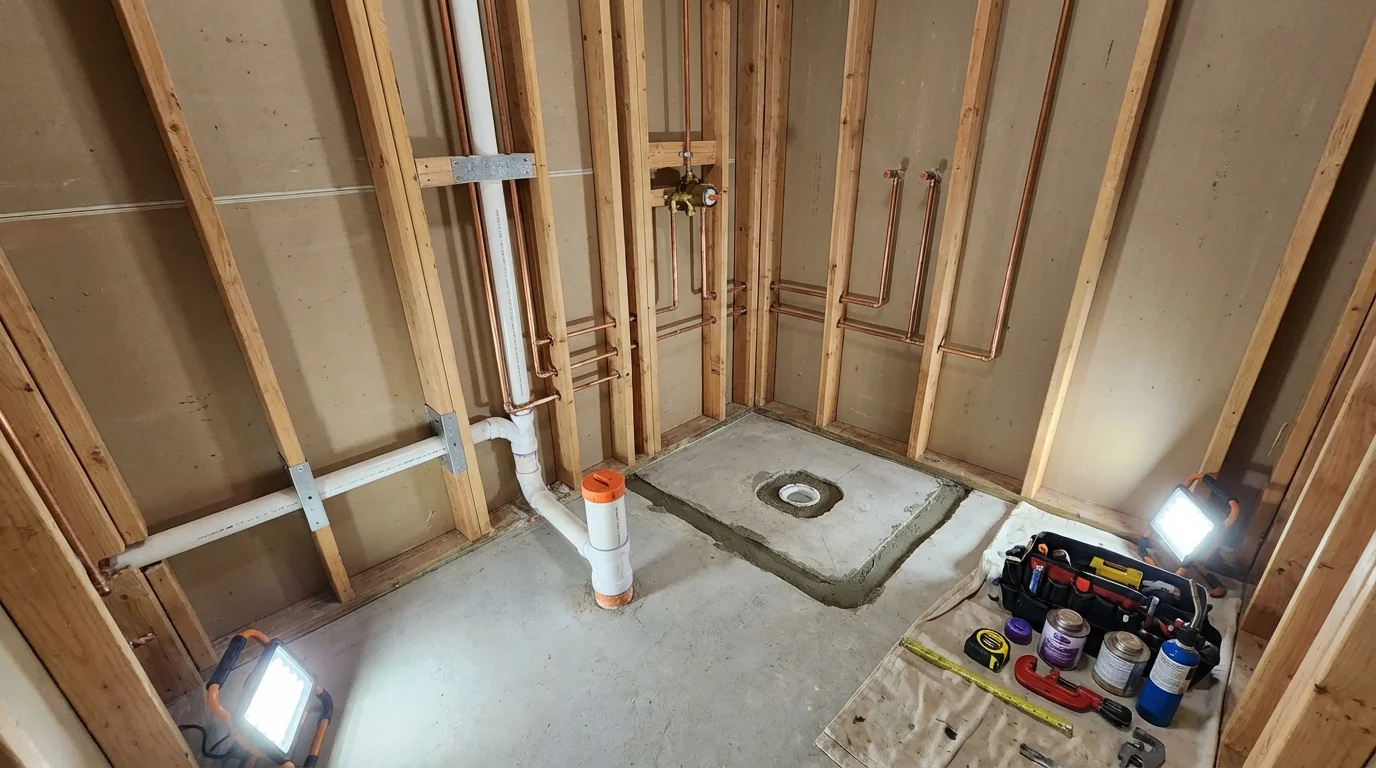 Bathroom rough-in plumbing during remodel by Johns Plumbing LLC in Sandston