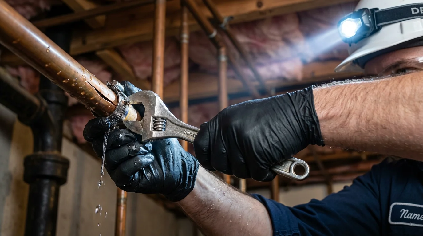 Emergency pipe clamp repair being performed by a Johns Plumbing LLC plumber in Sandston