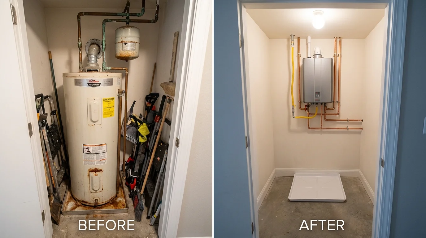 Tank water heater versus wall-mounted tankless unit comparison for Sandston, VA homeowners