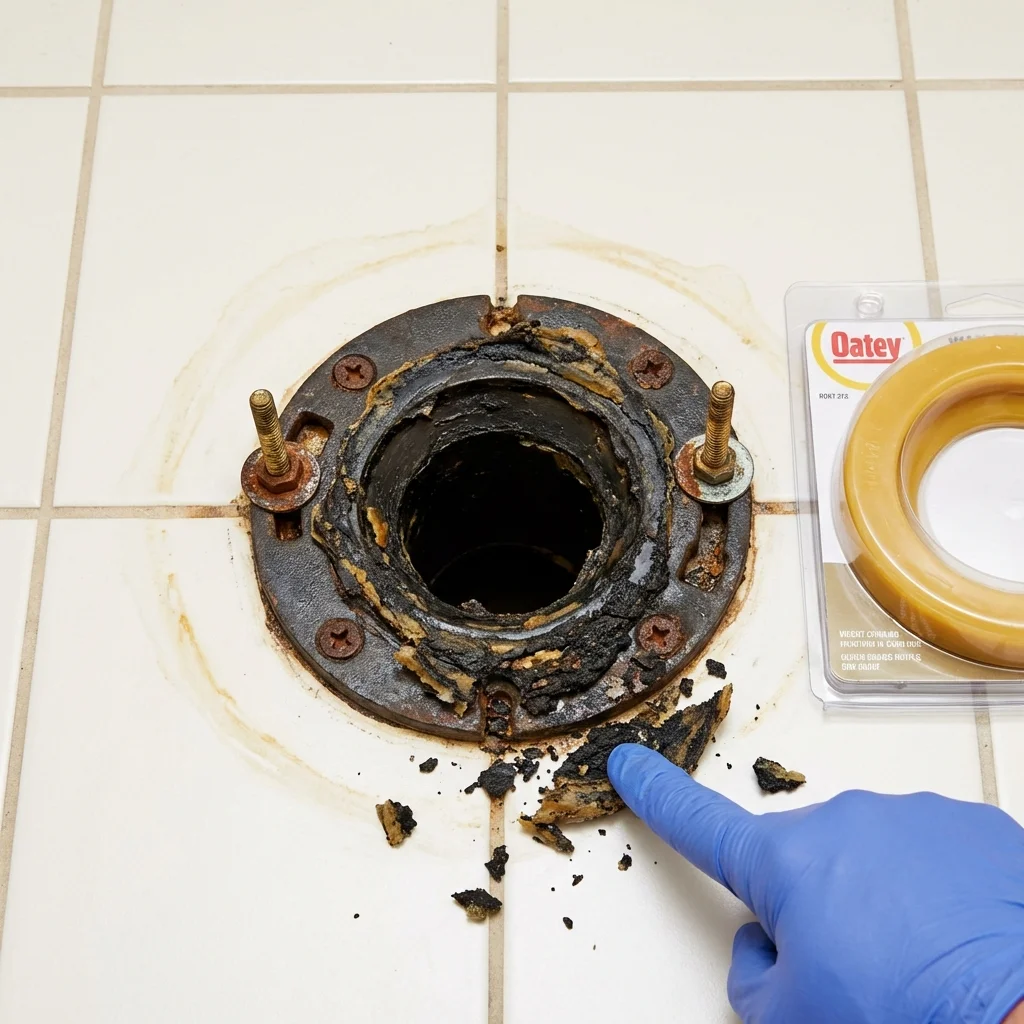 Failed wax ring showing water seepage at the base of a toilet in a Sandston, VA home
