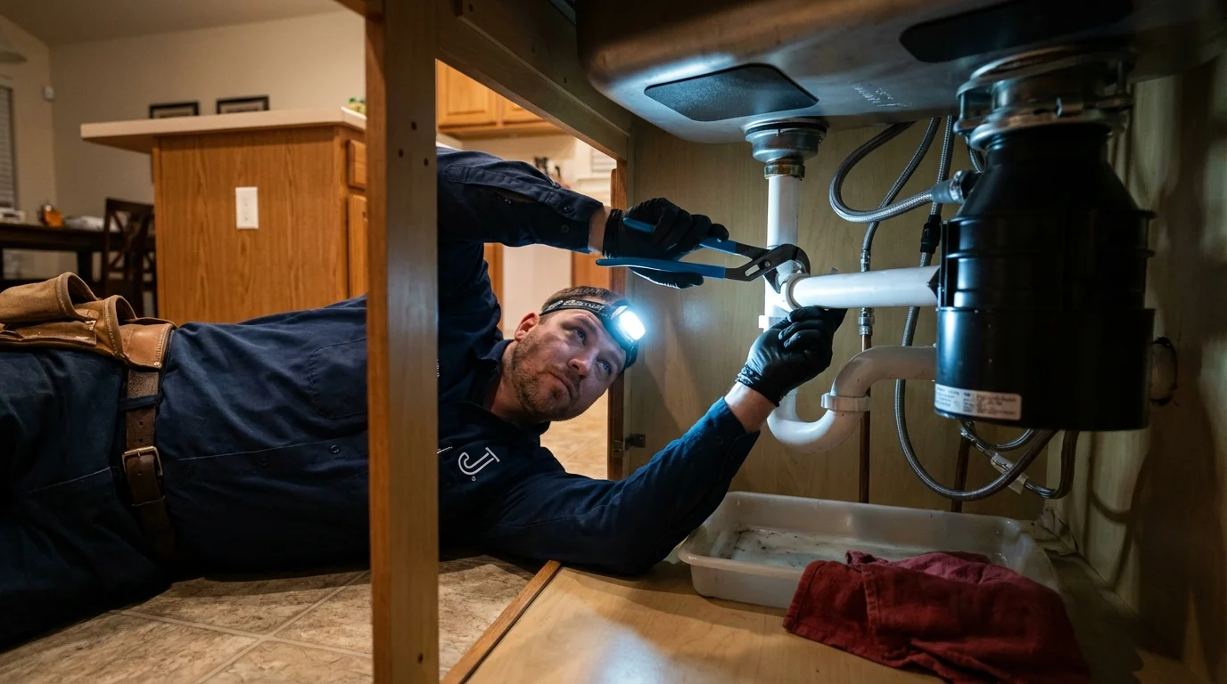 P-trap and supply line connections under a kitchen sink showing a common leak point in Sandston, VA